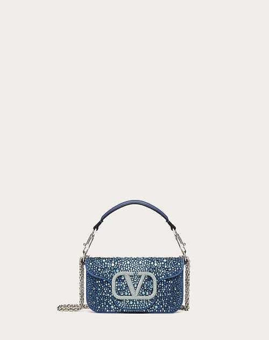 Valentino Small Valentino Garavani Loco Denim Shoulder Bag With Rhinestones | Shoulder Bags