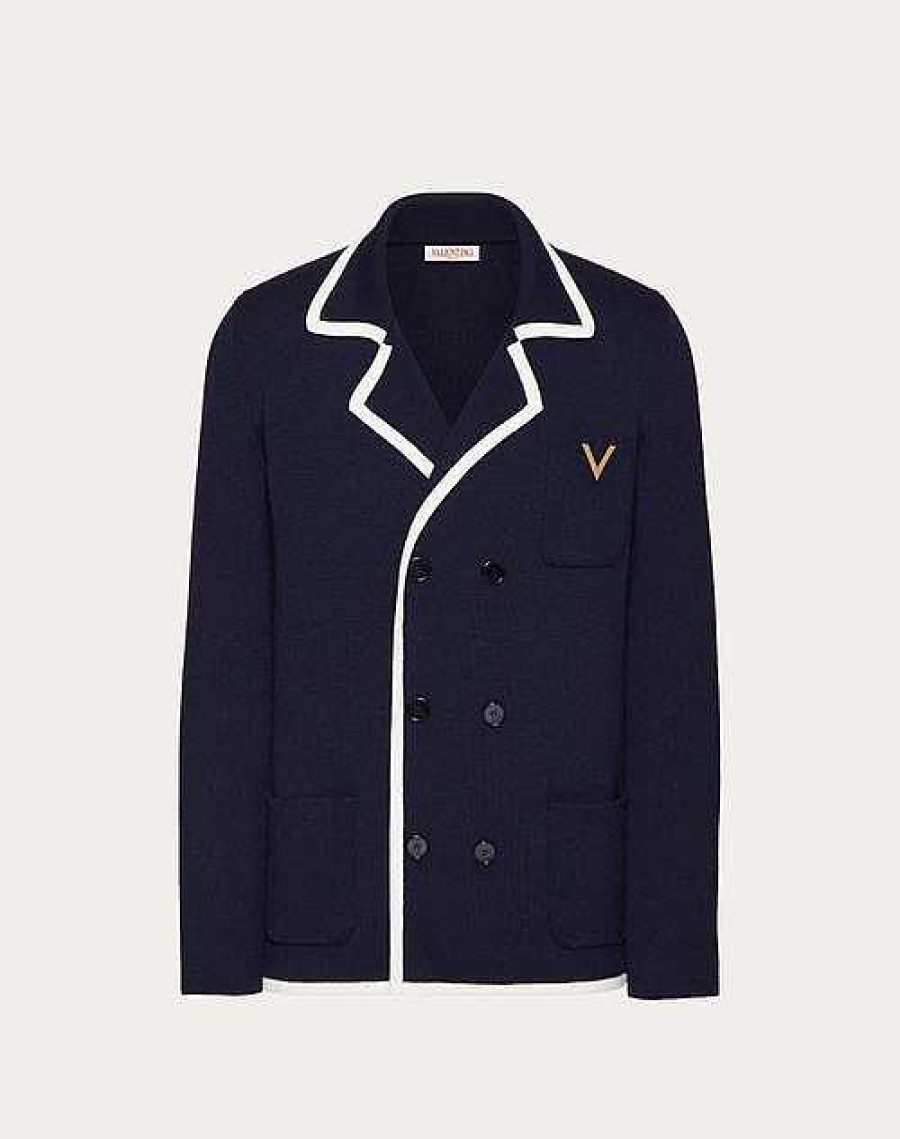 Valentino Double-Breasted Wool Jacket With Metallic V Detail | Coats And Blazers