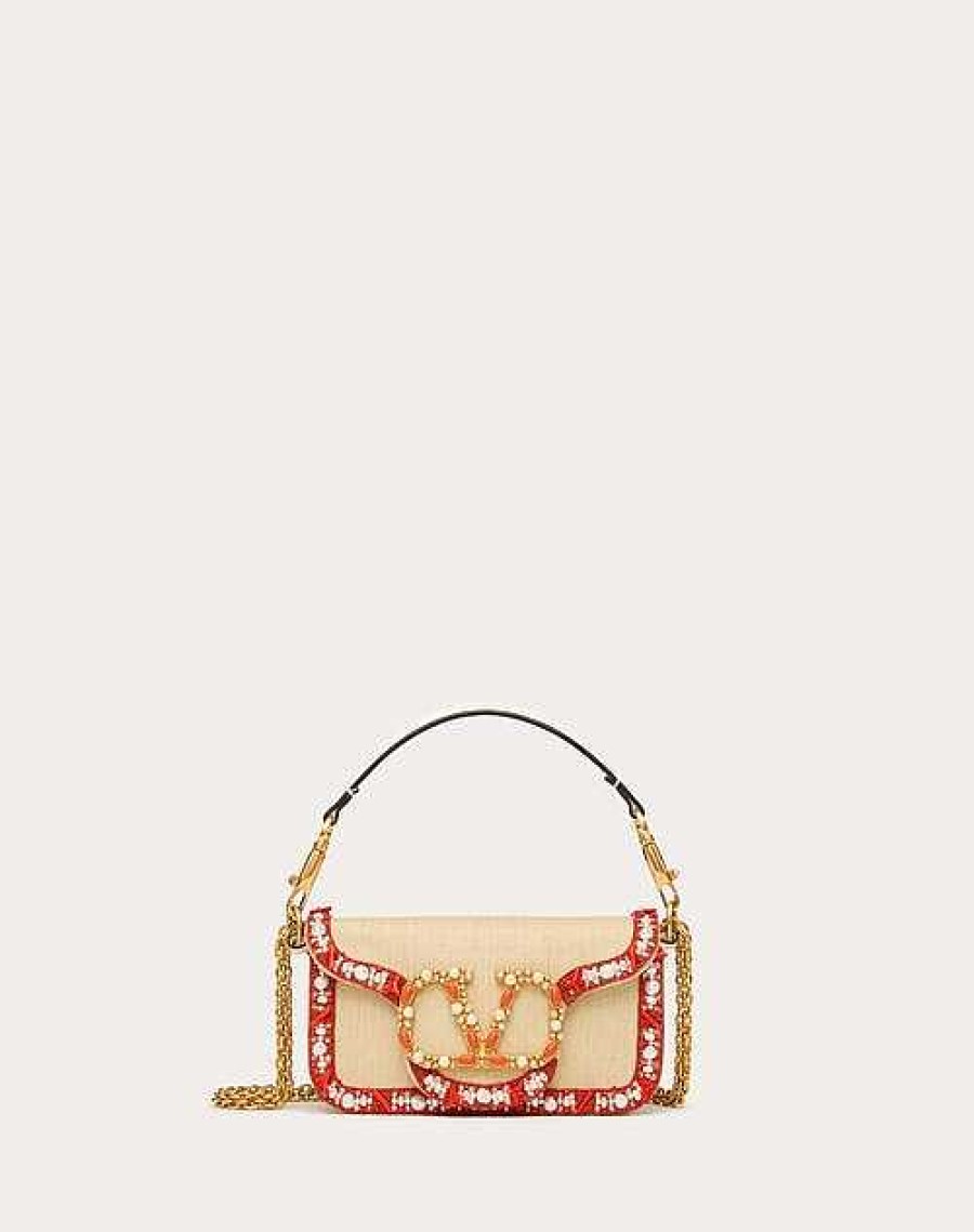 Valentino Small Valentino Garavani Loco Raffia Shoulder Bag With Embroidered Trim | Shoulder Bags