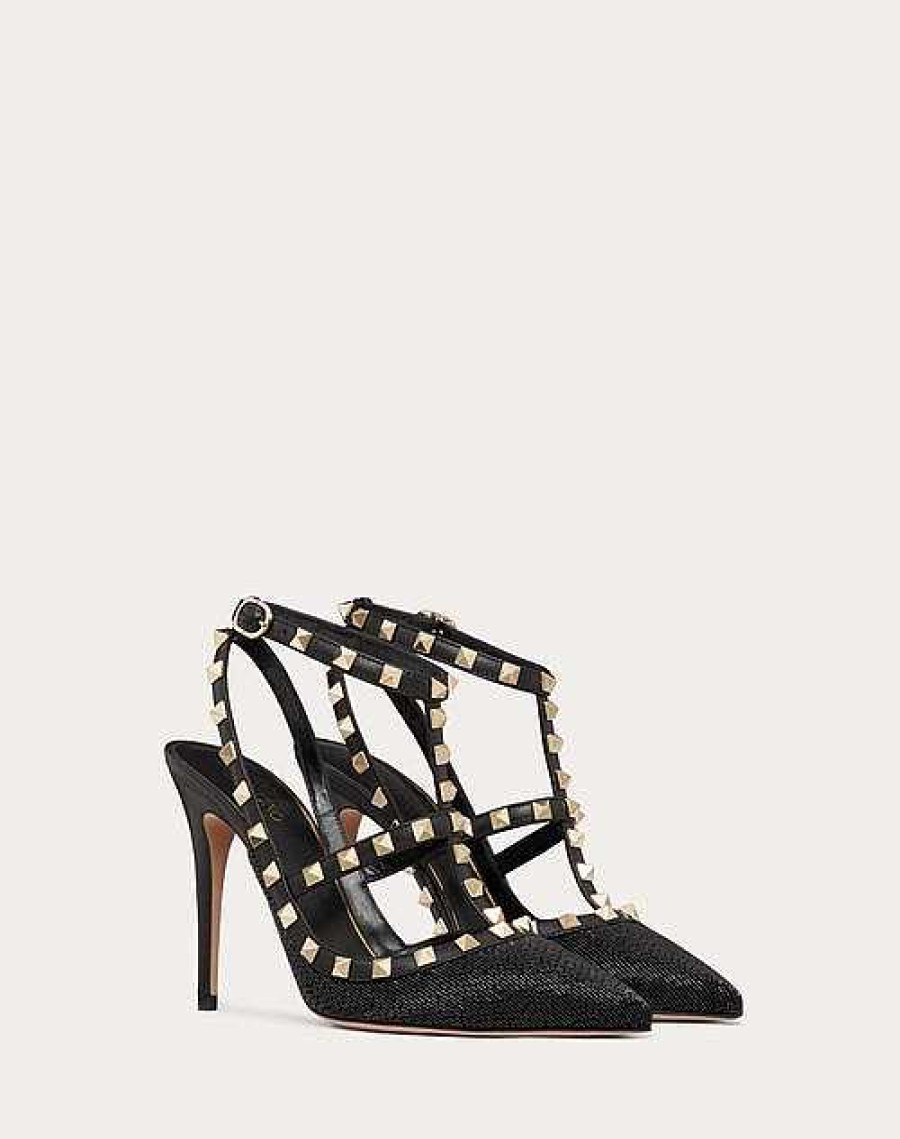 Valentino Satin Rockstud Pump With All-Over Tubes Embroidery And Straps 100Mm | Pumps