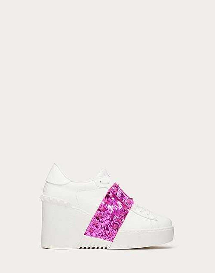 Valentino Open Disc Wedge Sneaker In Calfskin With Sequin Embroidery 85Mm | Sneakers