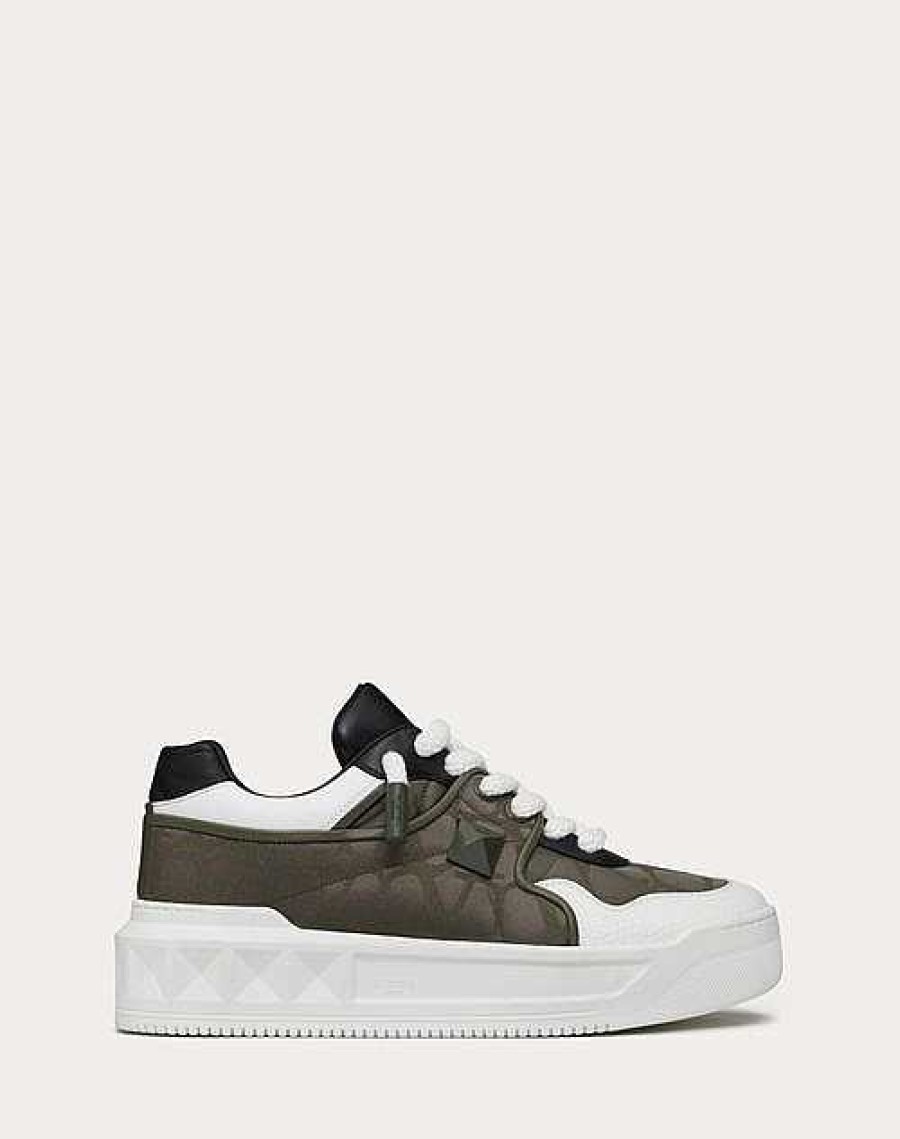 Valentino One Stud Xl Low-Top Sneaker In Nappa Leather And Jacquard Toile Iconographe Technical Fabric | Sneakers