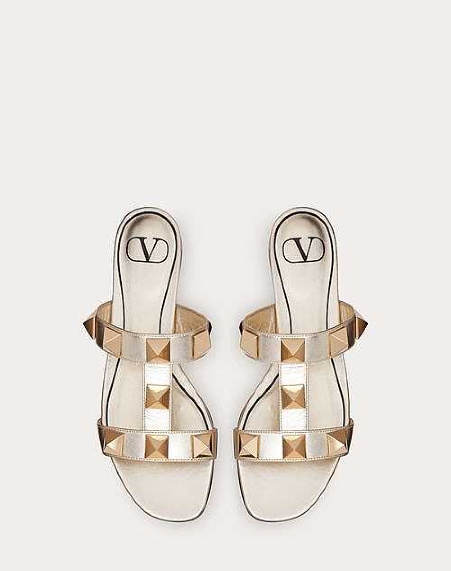 Valentino Roman Stud Metallic Nappa Slide Sandal With Matching Studs | Slides And Thongs