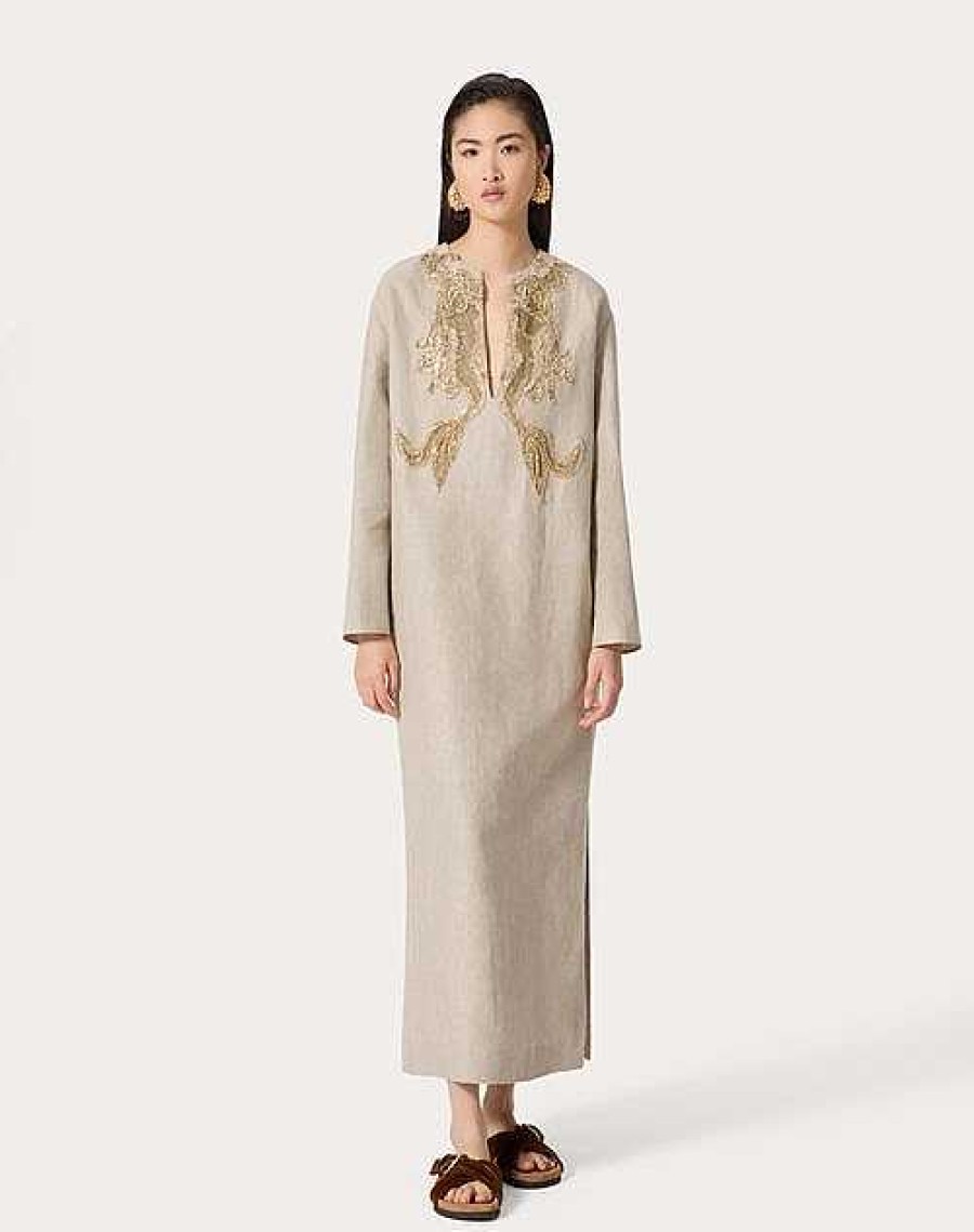 Valentino Embroidered Linen Canvas Midi Dress | Dresses