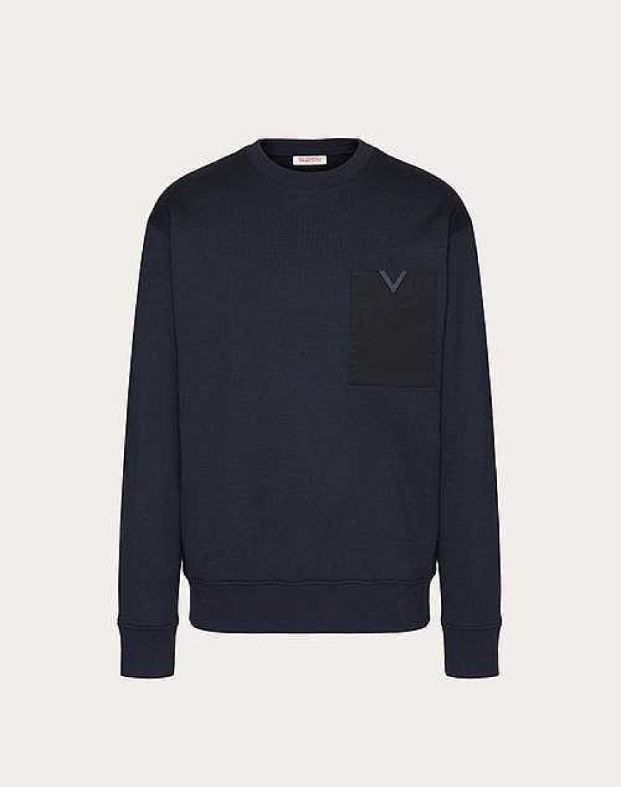 Valentino Technical Cotton Crewneck Sweatshirt With Rubberized V Detail | T-Shirts And Sweatshirts