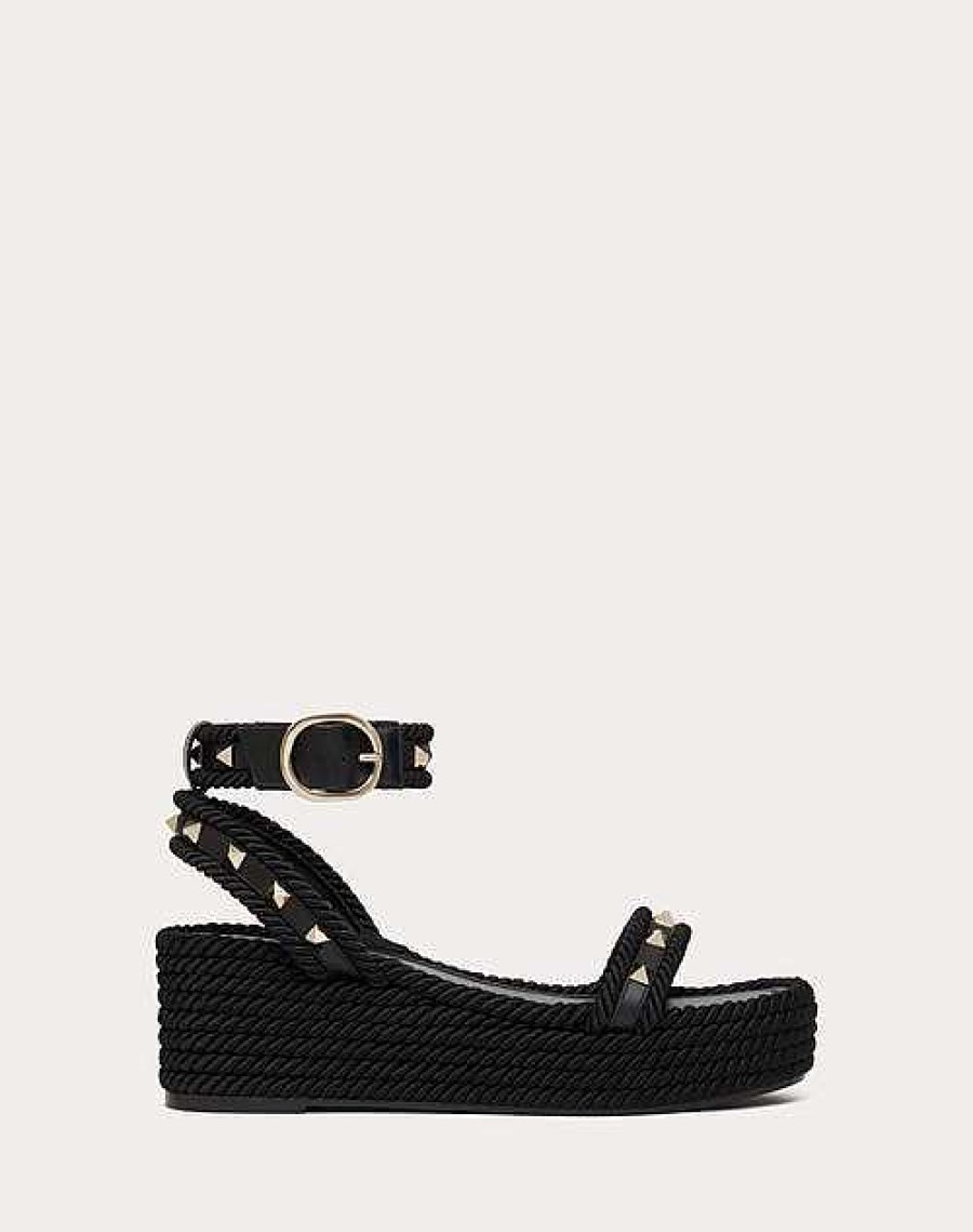 Valentino Rockstud Flatform Sandal In Calfskin 45Mm | Espadrilles And Wedges