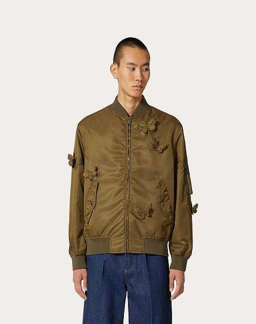 Valentino Nylon Bomber Jacket With Embroidered Butterflies | Outerwear