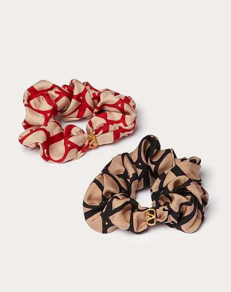 Valentino Toile Iconographe Scrunchies Set In Silk With Vlogo Applique | Hair Accessories