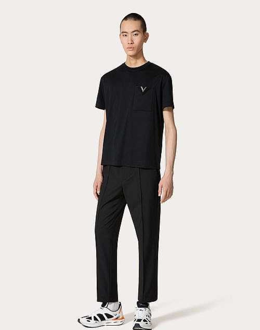 Valentino Cotton T-Shirt With Metallic V Detail | T-Shirts And Sweatshirts