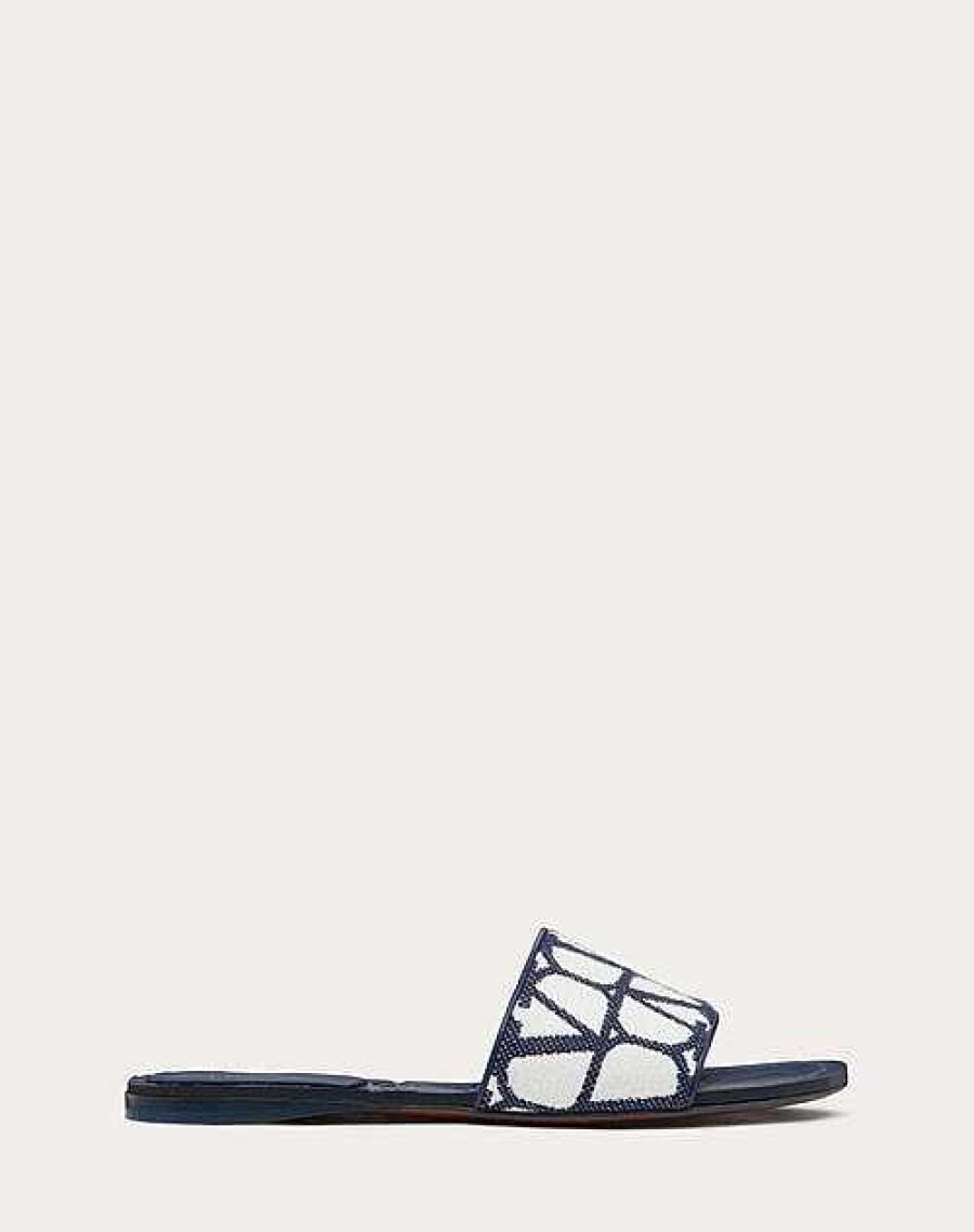 Valentino Toile Iconographe Slide Sandal In Embroidered Cotton | Slides And Thongs