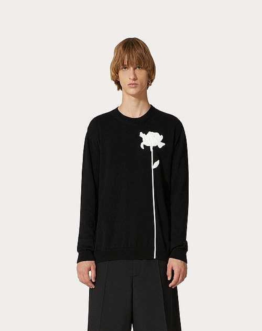 Valentino Wool Crewneck Sweater With Flower Embroidery | Knitwear