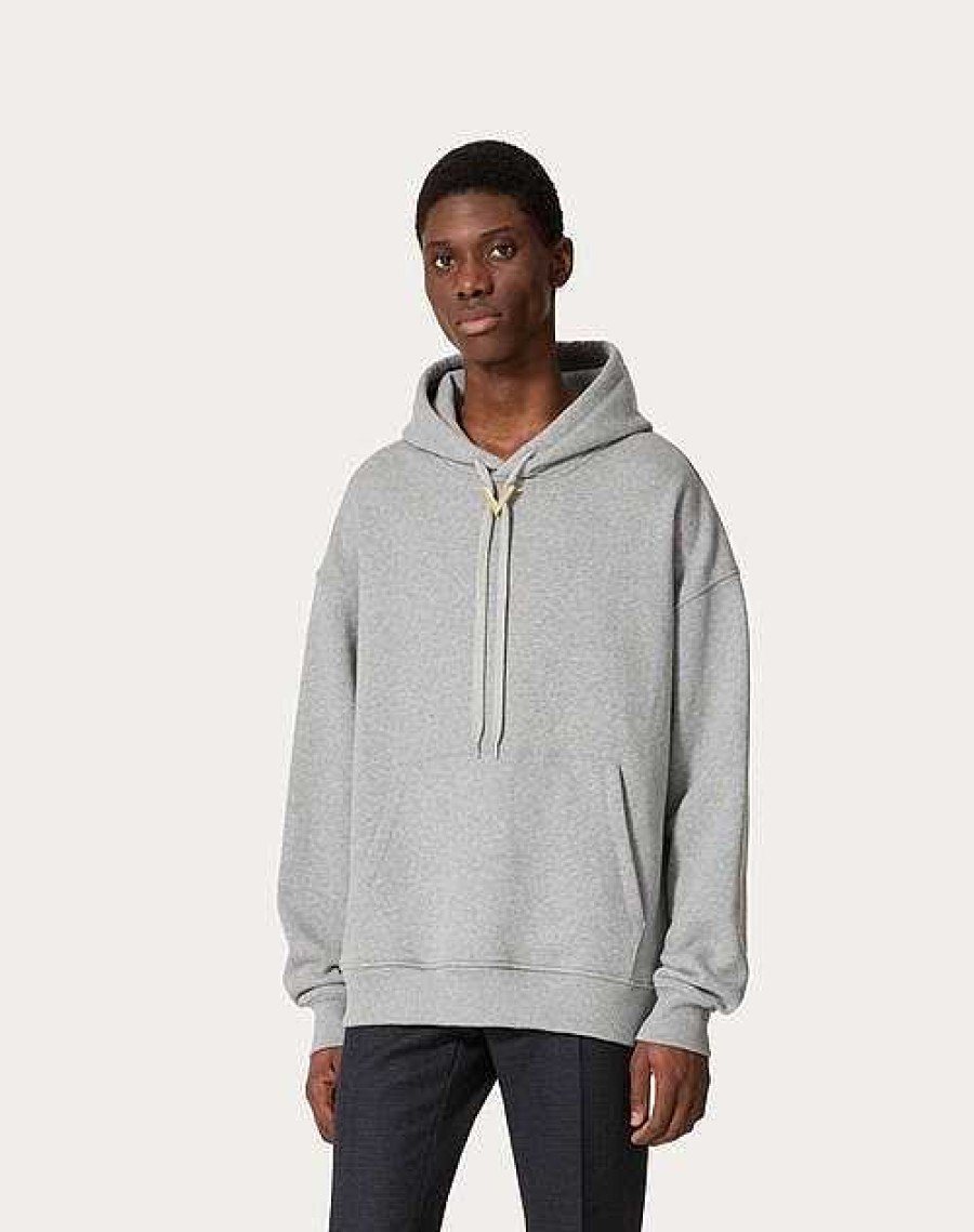 Valentino Cotton Hooded Sweatshirt With Metallic V Detail | T-Shirts And Sweatshirts