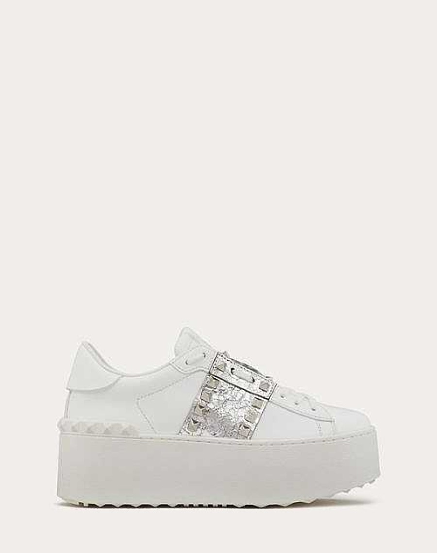 Valentino Rockstud Untitled Flatform Sneaker In Calfskin With Metallic Crackle-Effect Band | Sneakers