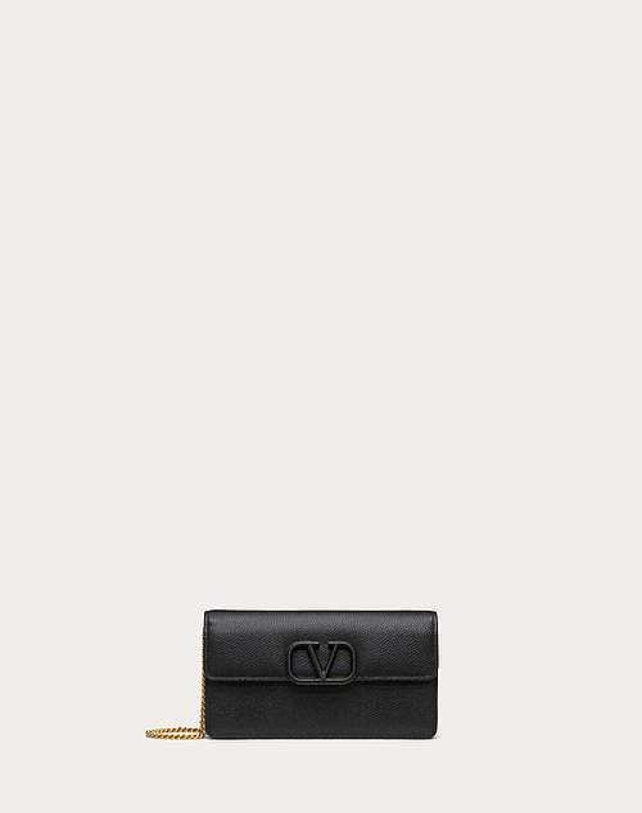 Valentino Vlogo Signature Grainy Calfskin Wallet With Chain | Mini Bags