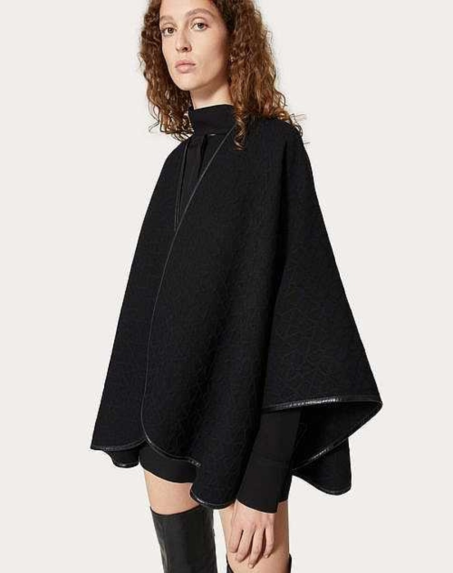 Valentino Toile Iconographe Wool Poncho With Leather Trim | Soft Accessories