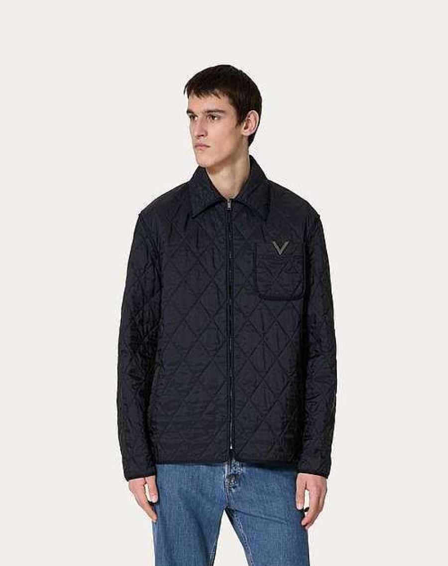 Valentino Quilted Nylon Shirt Jacket With Metallic V Detail | Outerwear