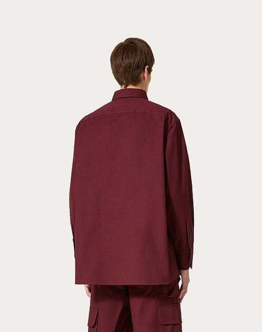 Valentino Stretch Cotton Canvas Shirt Jacket With Rubberized V Detail | Outerwear