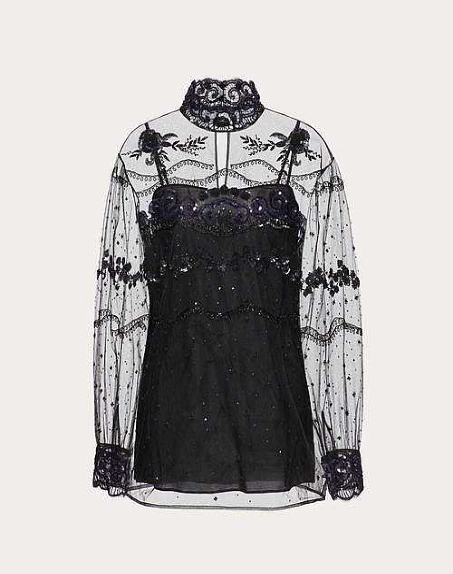 Valentino Tulle Illusione Embroidered Top | Shirts And Tops