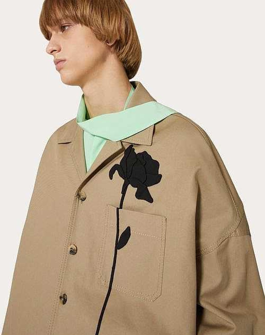 Valentino Stretch Cotton Canvas Shirt Jacket With Flower Embroidery | Outerwear