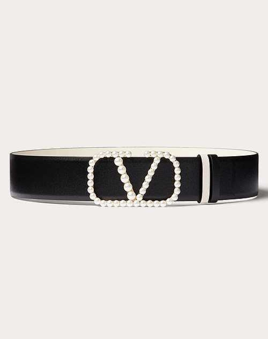 Valentino Vlogo Signature Reversible Belt In Shiny Calfskin With Pearls 40 Mm | Belts