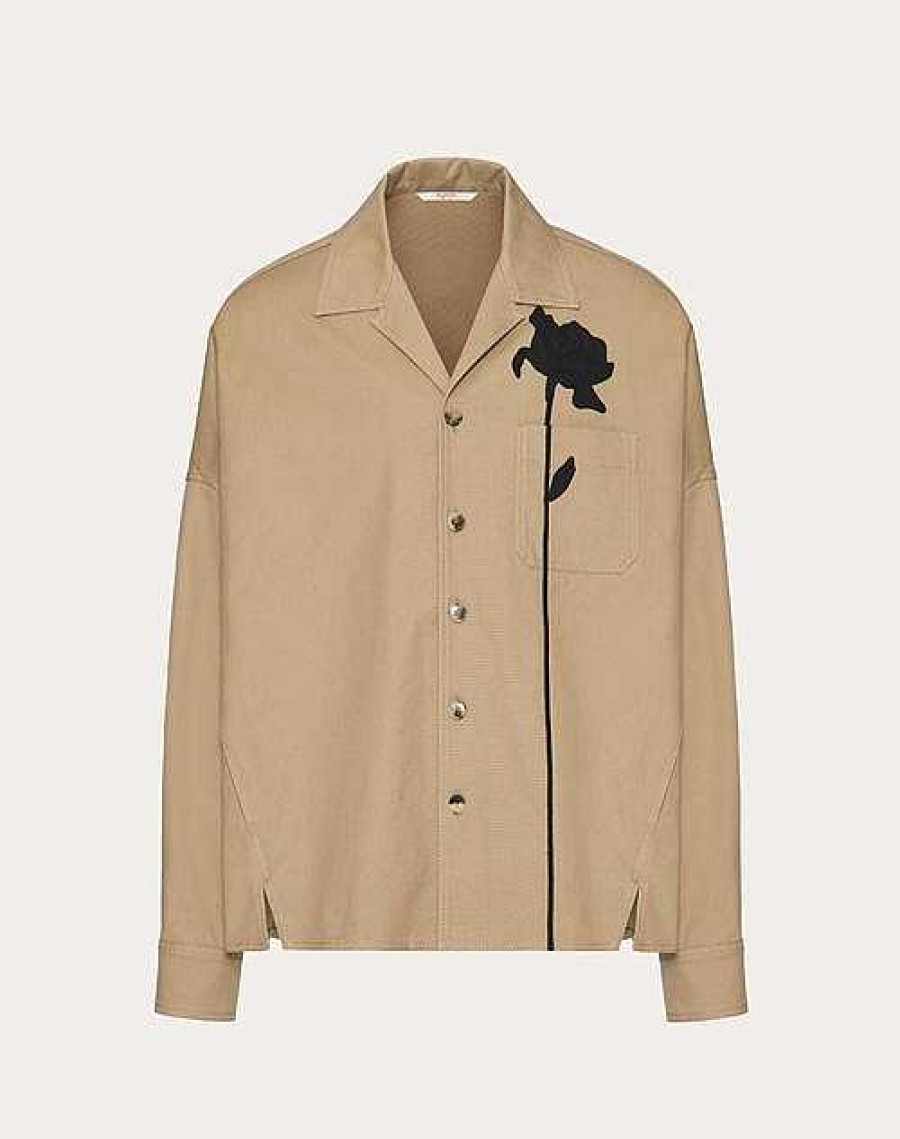 Valentino Stretch Cotton Canvas Shirt Jacket With Flower Embroidery | Outerwear