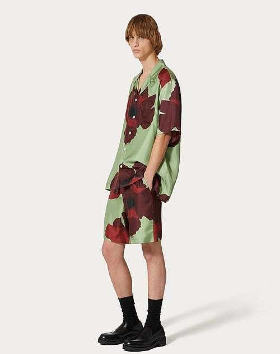 Valentino Silk Twill Bermuda Shorts With Valentino Flower Portrait Print | Pants And Shorts