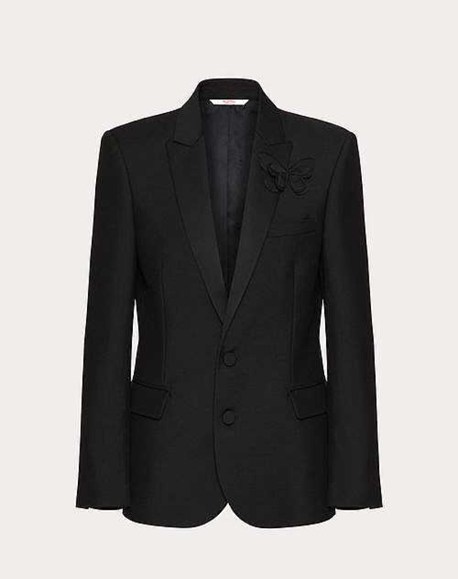 Valentino Single-Breasted Mohair Wool Jacket With Embroidered Butterfly | Coats And Blazers