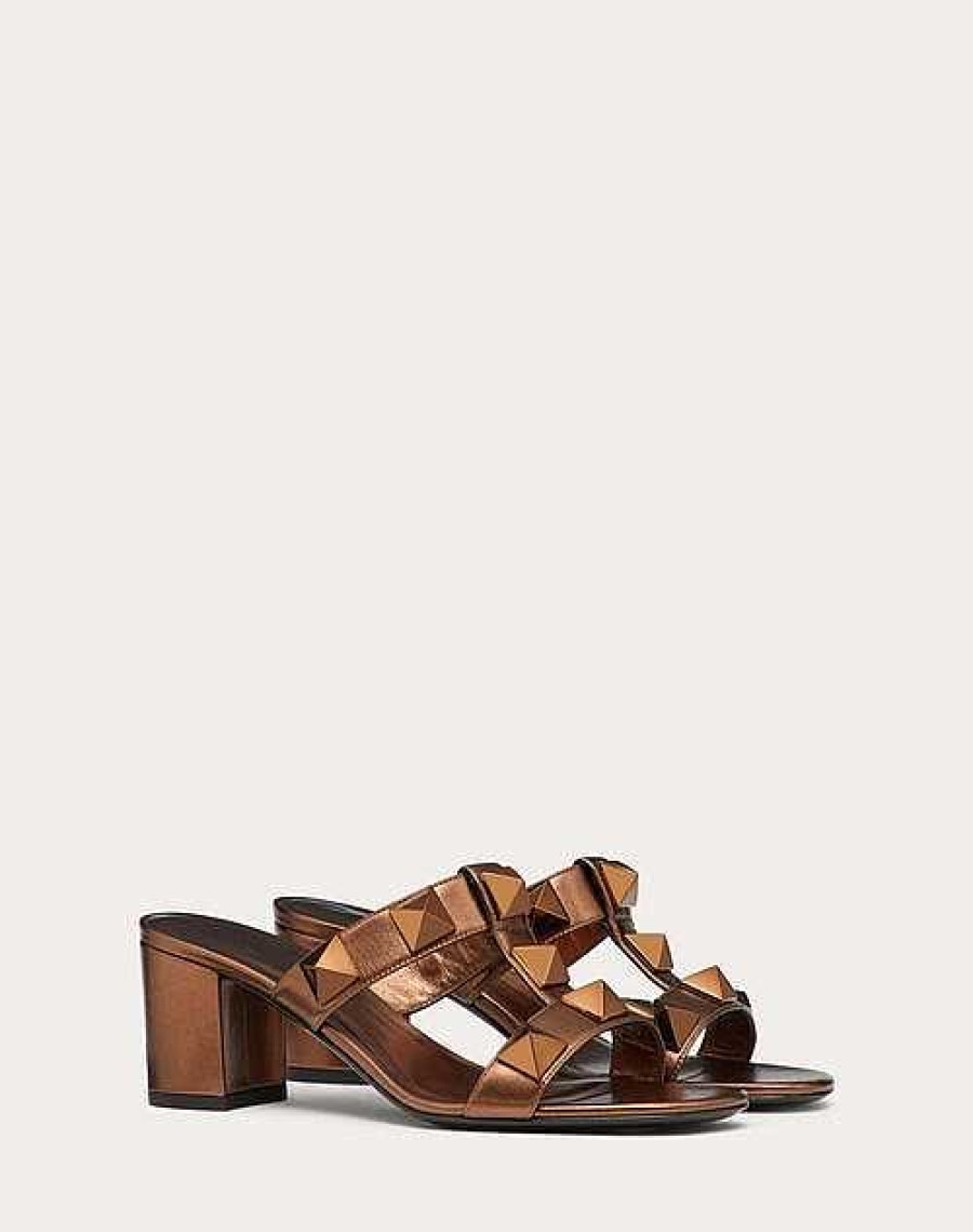 Valentino Roman Stud Metallic Nappa Slide Sandal With Matching Studs 60Mm | Sandals