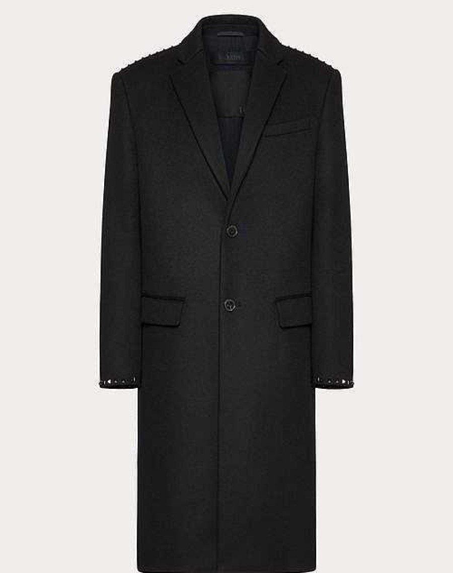 Valentino Single Breasted Coat In Double-Faced Wool And Cashmere With Untitled Studs | Coats And Blazers