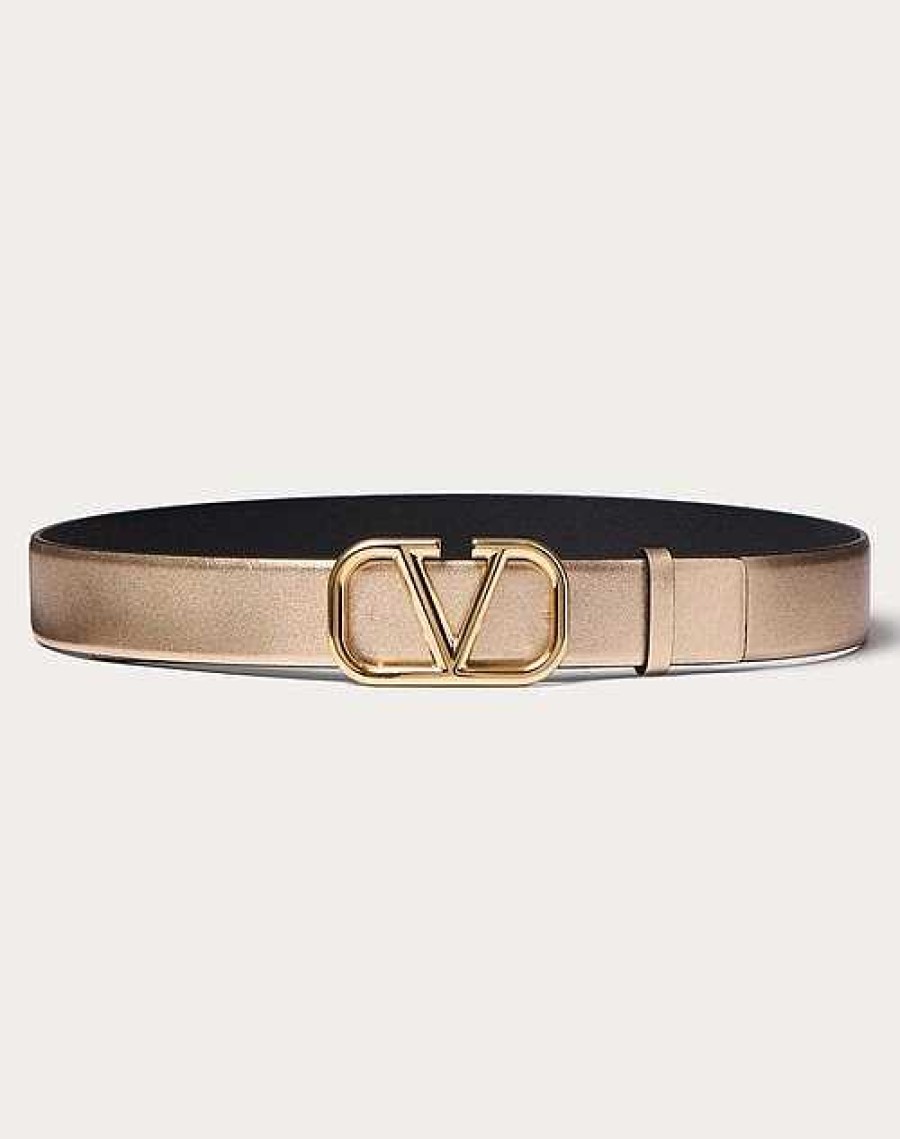 Valentino Vlogo Signature Reversible Belt In Metallic And Shiny Calfskin 30 Mm | Belts