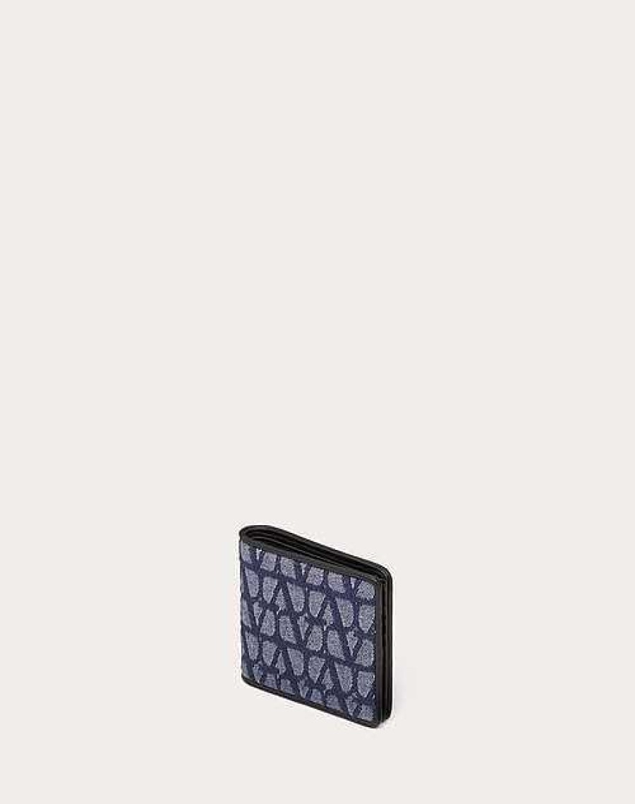 Valentino Toile Iconographe Wallet In Denim-Effect Jacquard Fabric With Leather Details | Wallets And Small Leather Goods