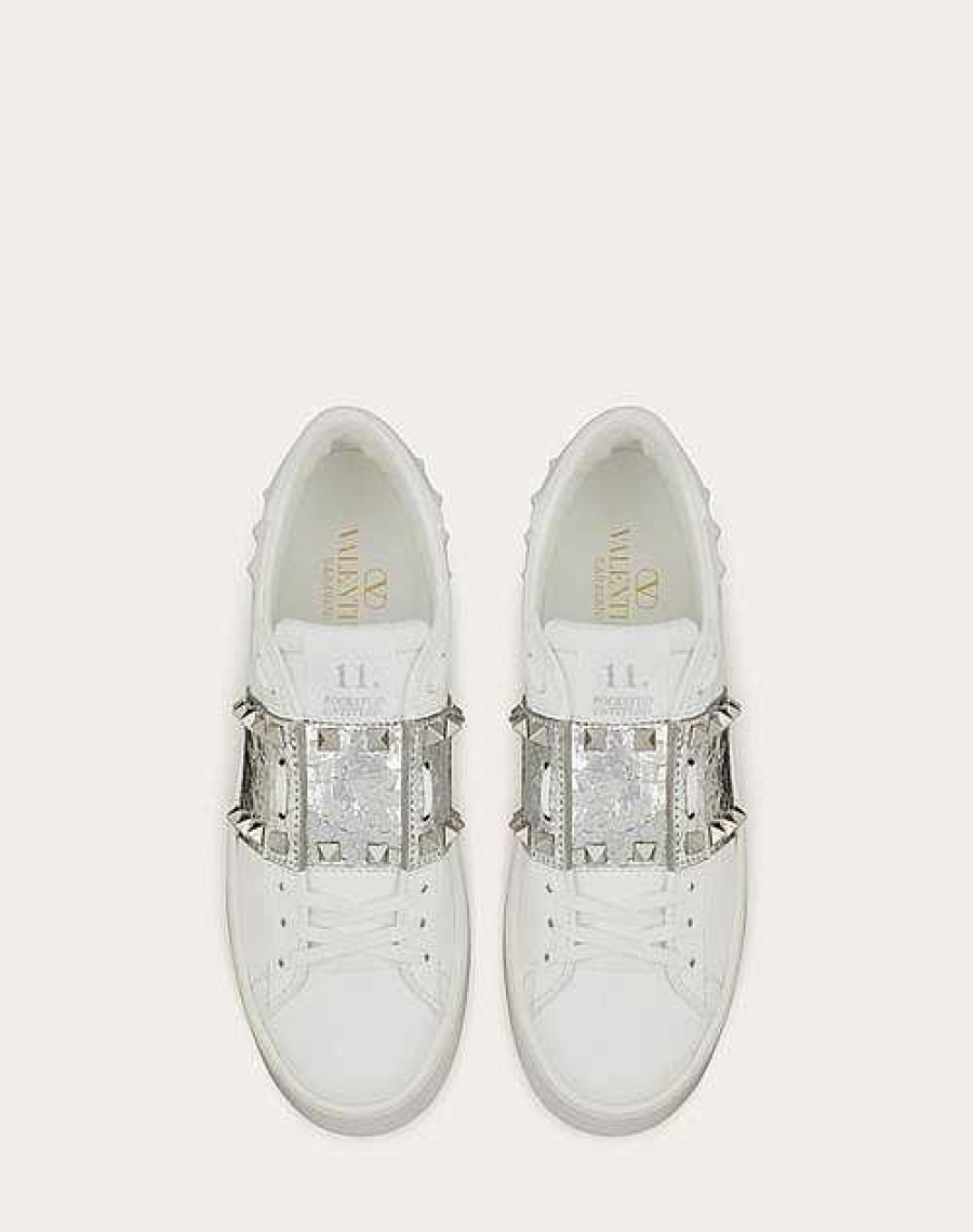 Valentino Rockstud Untitled Flatform Sneaker In Calfskin With Metallic Crackle-Effect Band | Sneakers