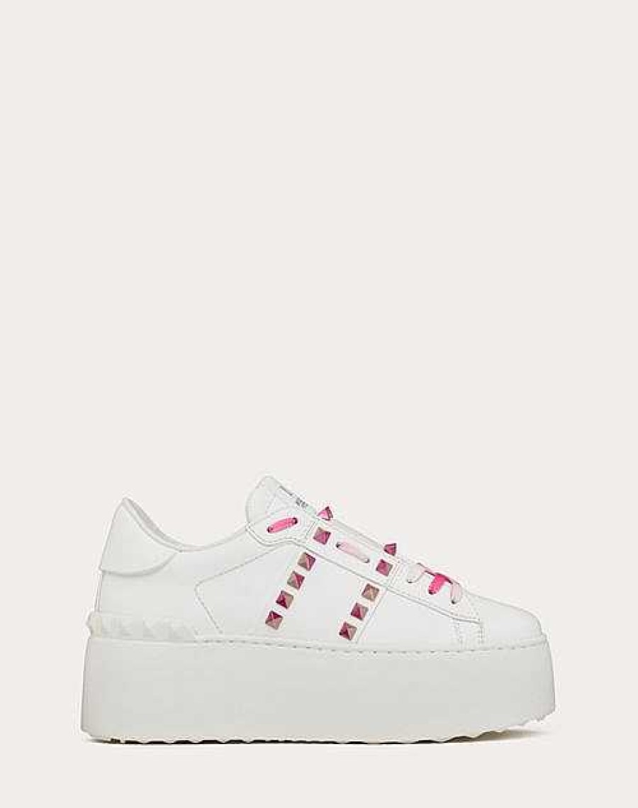 Valentino Flatform Rockstud Untitled Calfskin Sneaker With Multicolored Studs | Sneakers