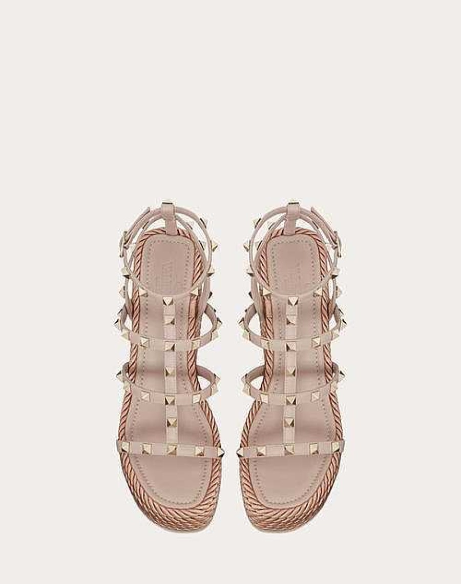 Valentino Rockstud Ankle Strap Wedge Sandal In Calfskin Leather 95 Mm | Espadrilles And Wedges