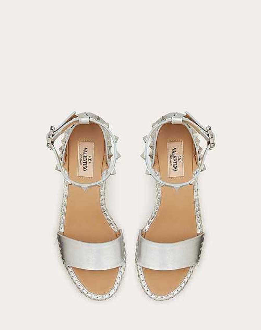 Valentino Rockstud Double Wedge Sandal In Metallic Nappa Leather 105 Mm | Espadrilles And Wedges