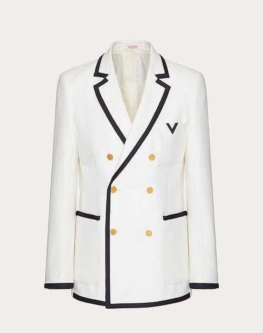 Valentino Double-Breasted Wool And Silk Jacket With Rubberized V Detail | Coats And Blazers