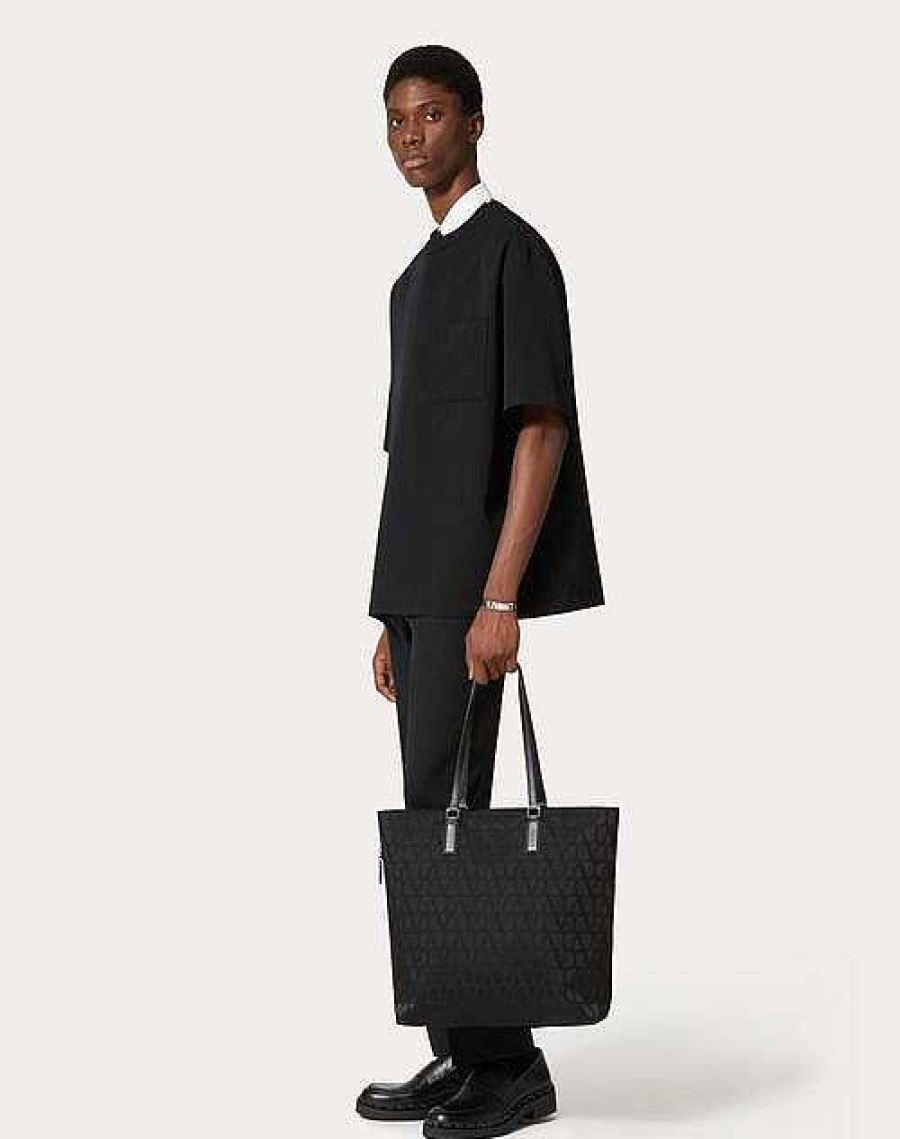 Valentino Toile Iconographe Shopping Bag In Technical Fabric With Leather Details | Totes