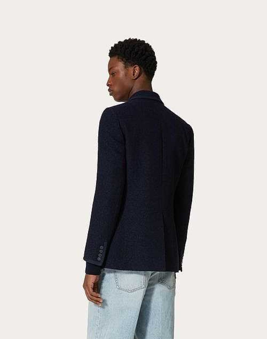 Valentino Double-Breasted Boucle Wool Jacket With Vlogo Signature Embroidery | Coats And Blazers