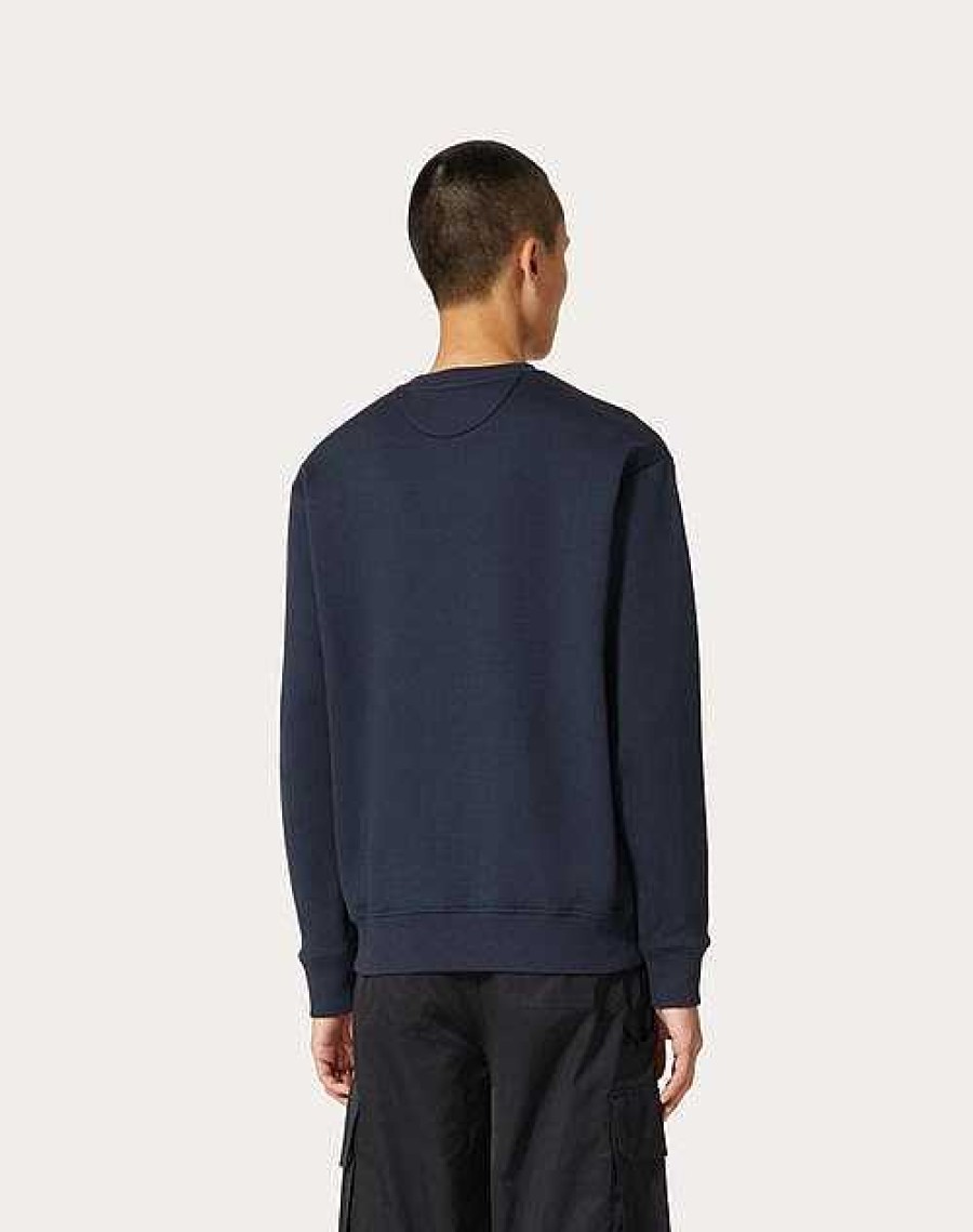 Valentino Technical Cotton Crewneck Sweatshirt With Rubberized V Detail | T-Shirts And Sweatshirts