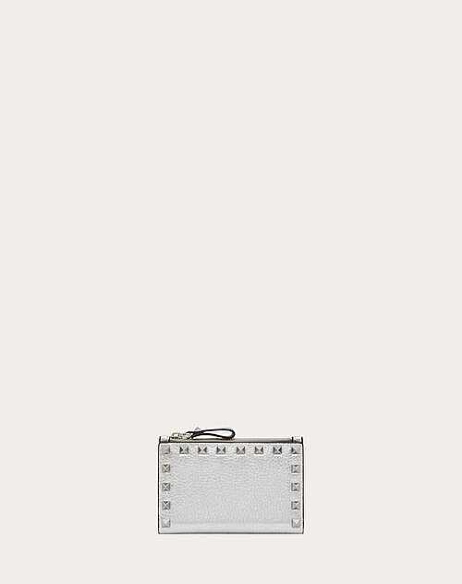 Valentino Rockstud Grainy Metallic Calfskin Card Holder With Zipper | Wallets And Small Leather Goods