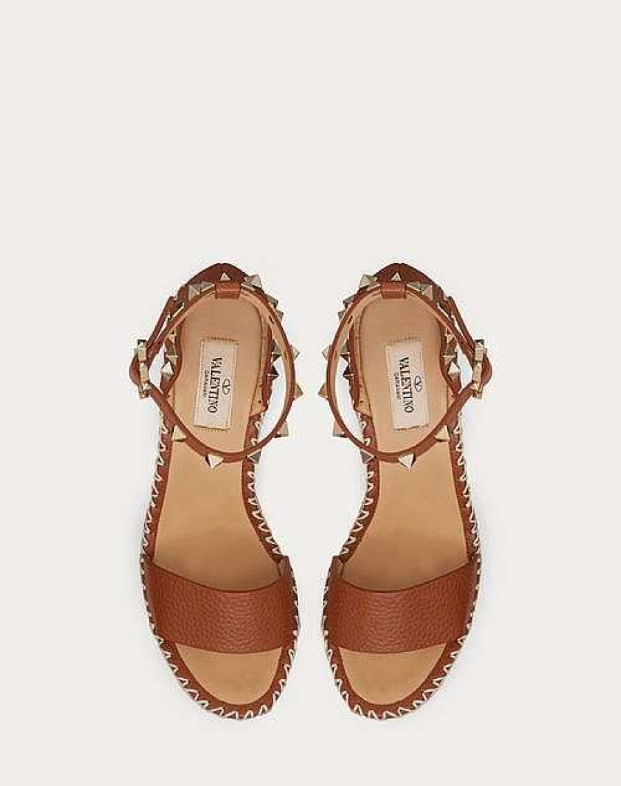 Valentino Rockstud Double Wedge Sandal In Grainy Calfskin 105Mm | Espadrilles And Wedges