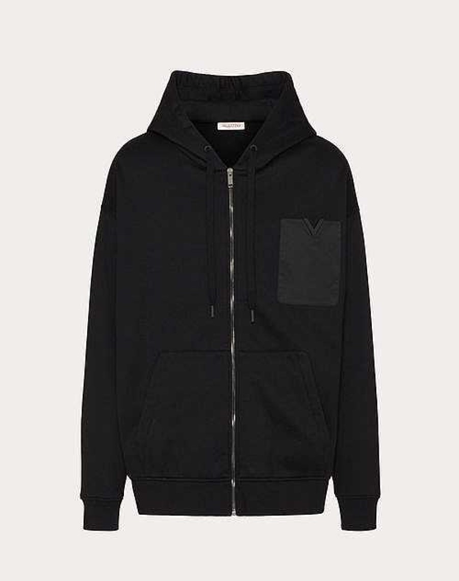 Valentino Technical Cotton Sweatshirt With Hood, Zipper And Rubberized V Detail | T-Shirts And Sweatshirts