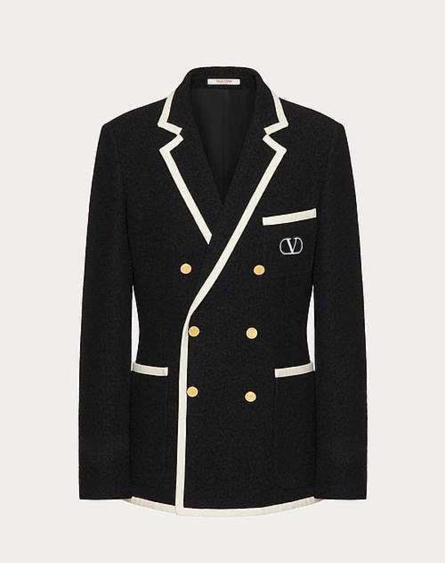 Valentino Double-Breasted Boucle Wool Jacket With Vlogo Signature Embroidery | Coats And Blazers