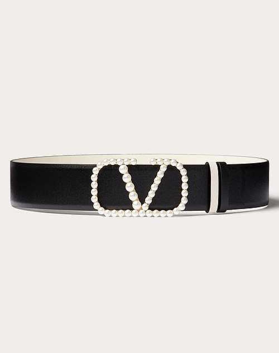 Valentino Vlogo Signature Reversible Belt In Shiny Calfskin With Pearls 40 Mm | Belts