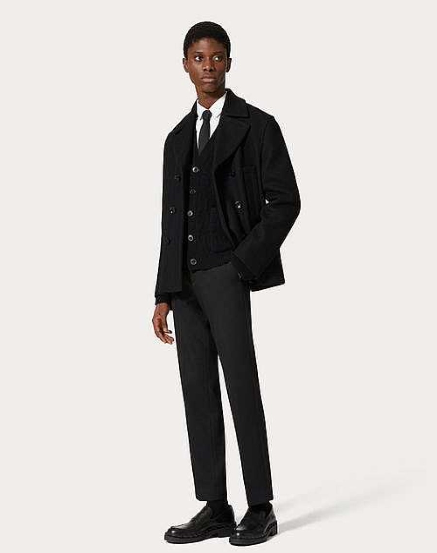 Valentino Technical Wool Cloth Peacoat With Rubberized V Detail | Outerwear