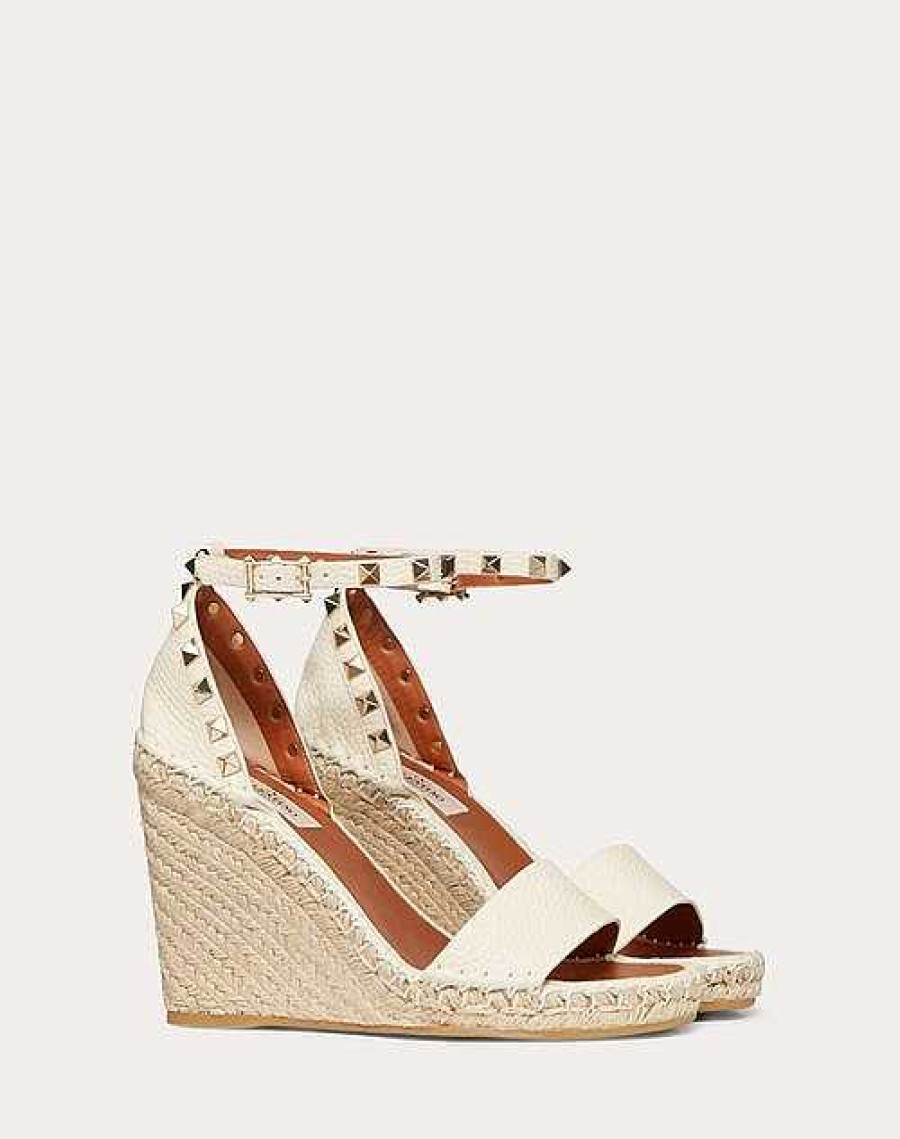 Valentino Double Rockstud Grainy Calfskin Wedge Sandal 105 Mm | Espadrilles And Wedges