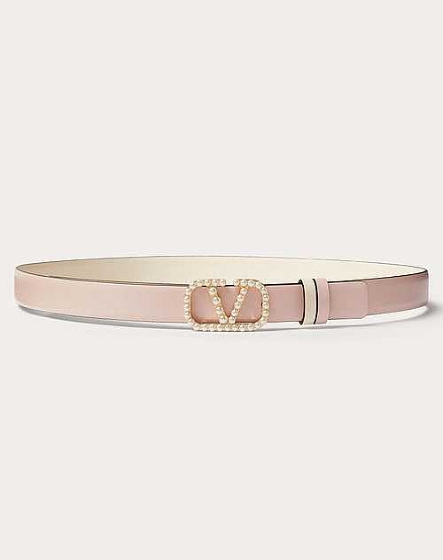 Valentino Vlogo Signature Reversible Belt In Shiny Calfskin With Pearls 20 Mm | Belts