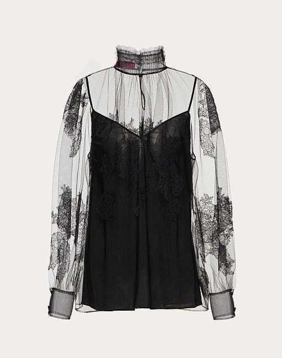 Valentino Top In Tulle Illusione And Lace | Shirts And Tops