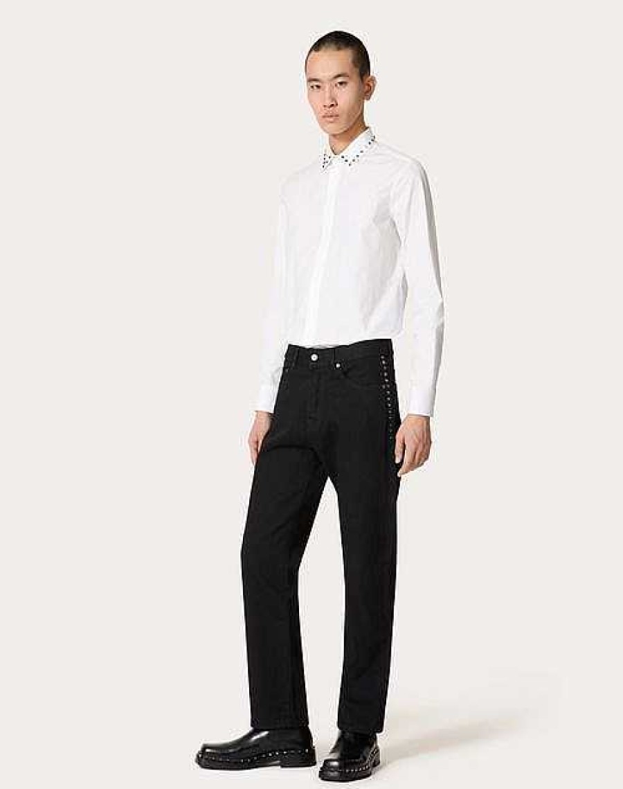 Valentino Long Sleeve Cotton Shirt With Black Untitled Studs On Collar | Shirts