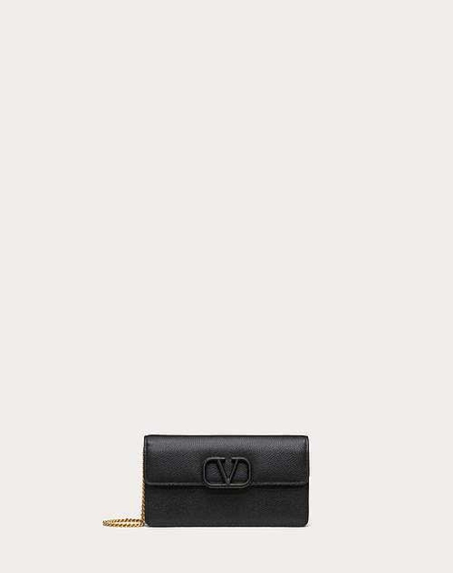 Valentino Vlogo Signature Grainy Calfskin Wallet With Chain | Mini Bags